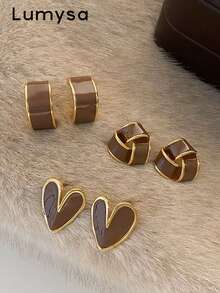 3 Pairs French Vintage Geometric Heart Enamel Stud Earrings Set, Suitable For Women's Daily Commute Wear - Brown - View 2