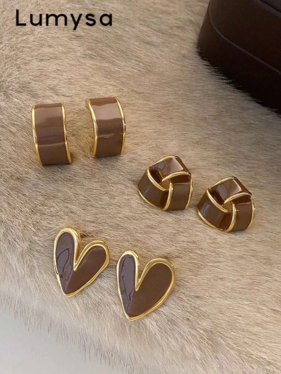 3 Pairs French Vintage Geometric Heart Enamel Stud Earrings Set, Suitable For Women's Daily Commute Wear