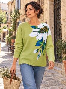 Women's Lightweight Floral Print Sweater - Multicolor Flower Pattern, Casual Crew Neck Long Sleeve Top Fall Vacation - Green - View 1