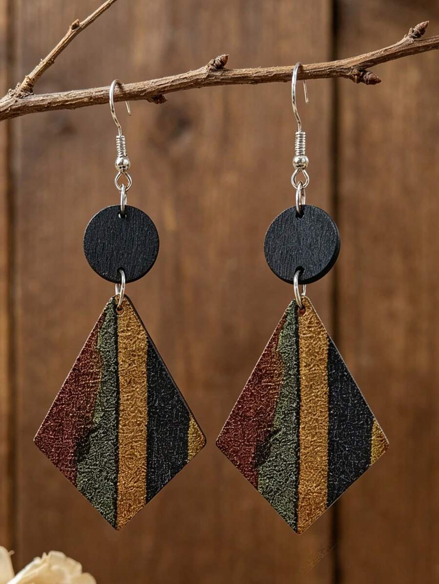 1 Pasang Anting Kayu Belah Ketupat Bergaris Vintage, Perhiasan Telinga Patchwork Bulat Geometris Bohemian - MultiWarna - View 1