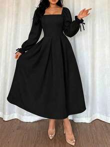 Women's Formal Square Neck Midi Dress, Long Pleated Ruffle Sleeves, Flared A-Line Non-Stretch Woven Fabric - Black - View 5