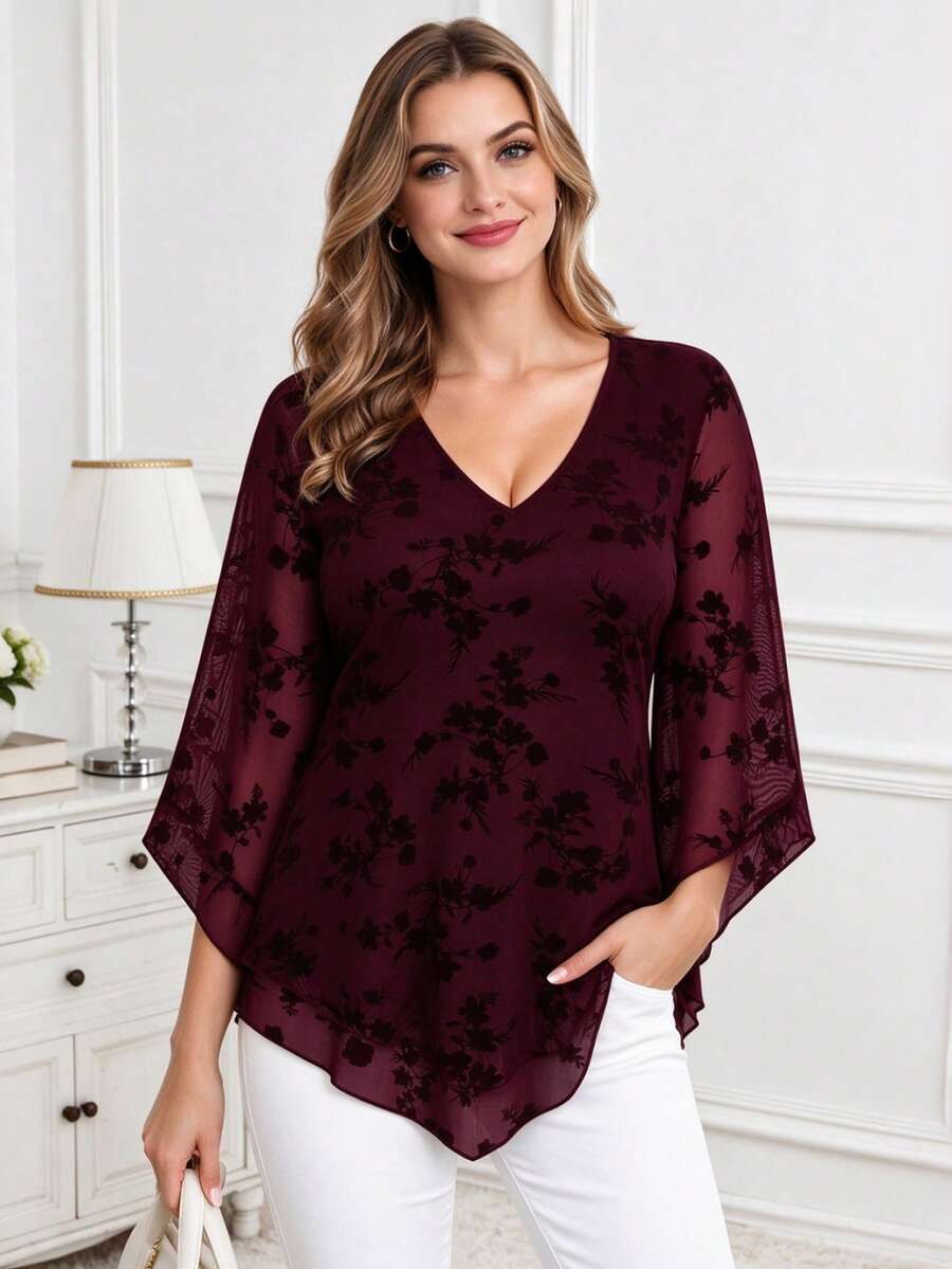 CheersLife Plus Size Women Elegant Blouse, V-Neck Double-Layer Elastic Mesh Casual Flowy Work Shirt With Ruffle Trim & 3/4 Bell Sleeve, Belted Waist Top Spring - Burgundy - View 1
