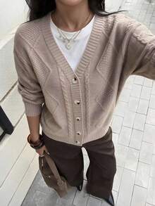 Women's Autumn/Winter Vintage V-Neck Knit Cardigan, Diamond Cable Knit Button Front Sweater, Camel Loose Casual Jacket, Suitable For Daily Home And Outdoor Wear - Camel - View 2