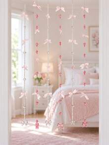 Pink Crystal Beaded Door Curtain With Satin Bow, Room Divider Curtain, Wedding Bedroom Hallway Hanging Decor, Romantic Home Aesthetic Party Decoration Backdrop - Multicolor - View 1