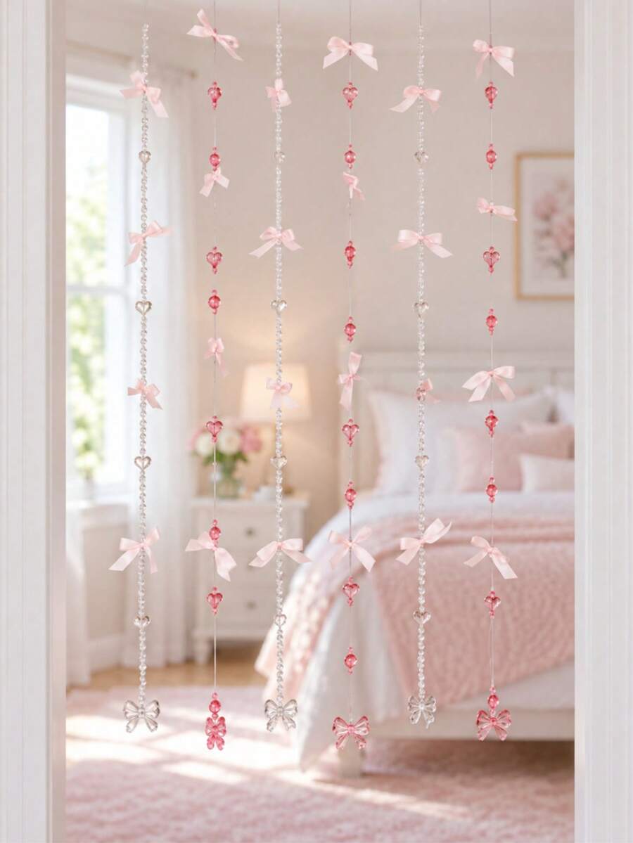 Pink Crystal Beaded Door Curtain With Satin Bow, Room Divider Curtain, Wedding Bedroom Hallway Hanging Decor, Romantic Home Aesthetic Party Decoration Backdrop - Multicolor - View 1