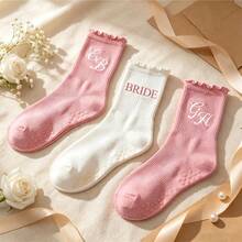 Custom Bridesmaid Ruffle Socks, Personalized Initial Non Slip Crew Socks, Ideal For Wedding Prep, Bachelorette Party & Yoga. One Size, Not For XS/XL. - Ruffle-edge Socks - View 5
