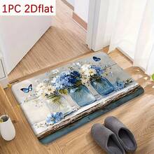 1pc Flannel Doormat, Indoor Entry Rug, Non-Slip Rubber Backing Carpet, Machine Washable Entry Rug, Farmhouse Country Style Rug, Mason Jar Daisy Butterfly Pattern Doormat, Absorbent Kitchen Mat, Hallway Porch Decor Rug, Housewarming Gift Rug - Multicolor - View 5