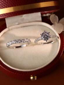 Gift Box Set Cubic Zirconia Silver Double Ring Set, Single Diamond Zirconia Ring + Half Eternity Band, Stackable Wedding And Engagement Jewelry For Women - Silver - View 4