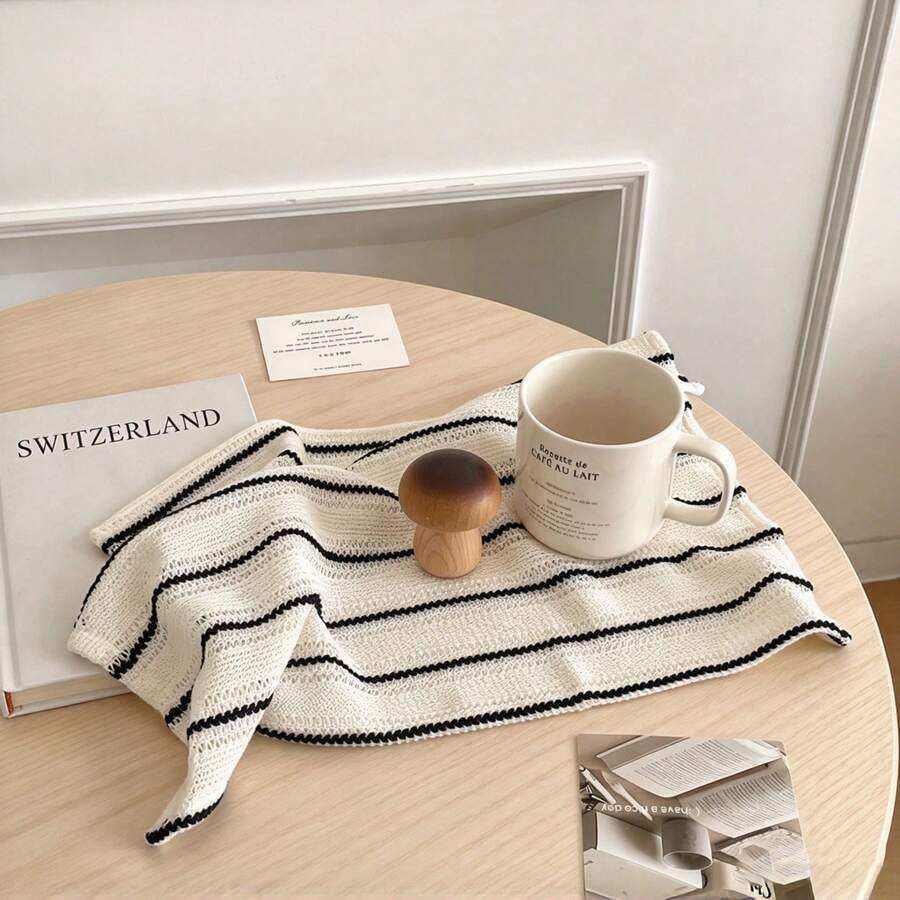 1/2/6pcs Classic Nordic Style Black & White Striped Placemats, Hollow-Out Fabric Napkins & Decorative Tablecloths - White - View 1