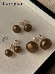 3 Pairs Elegant Minimalist High-Quality Faux Pearl Stud Earrings Set Suitable For Women's Daily, Wedding And Party Wear - Brown - View 2