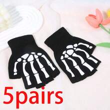 1/5 Pairs Halloween Party Nylon Quilted Fluorescent Half Finger Gloves, Glow-In-The-Dark Design, Suitable For All Seasons - Black and White - View 12