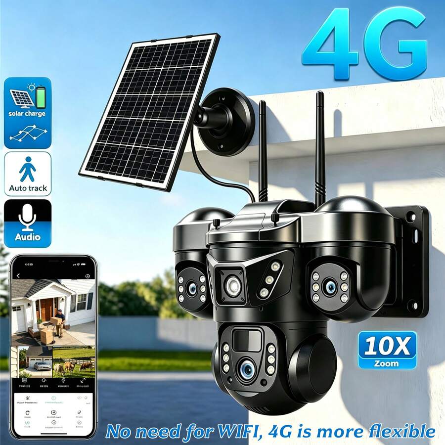 4G LTE Solar Powered PTZ Security Camera, Outdoor Use, 3 Lenses 3 Views, AI Auto Human Tracking, IP65 Waterproof, SIM Card Slot, Rechargeable Battery, Color Night Vision, Two-Way Audio, No WiFi Required, Suitable For Garden, Farm, Construction Site, Rural Home Monitoring