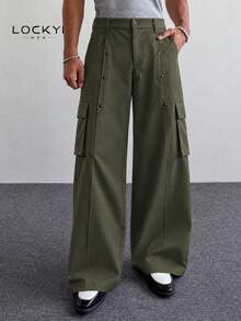 Men's Army Green Wide Leg Cargo Pants, Loose Fit With Multiple Pockets, Long Pants - Army Green - View 9