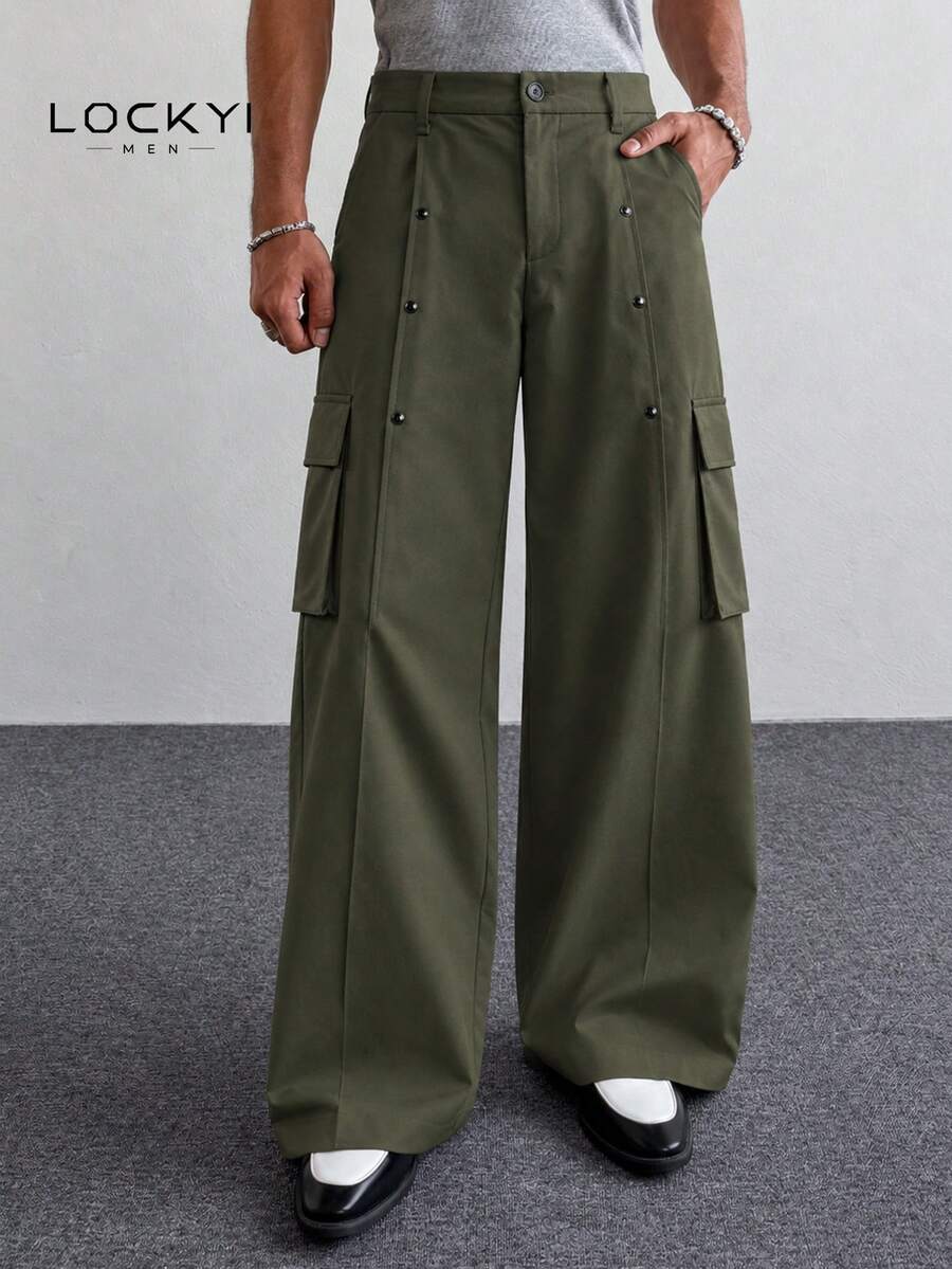 Men's Army Green Wide Leg Cargo Pants, Loose Fit With Multiple Pockets, Long Pants - Army Green - View 1