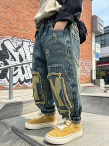 Boys' Kids' Toddler Spring Autumn All-Season Fashion Loose Fit Distressed Patchwork Letter Print Scratch Detail Street Style Denim Jeans Long Pants For Casual Daily Outdoor Wear - Blue - View 4