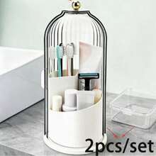 Rotating Toothbrush Holder With Sliding Cover - Freestanding Bathroom Organizer For Toothbrushes, Toothpaste, Makeup Brushes And Cosmetics - Transparent Plastic Design With Gold Accents, No Electricity Required Toothbrush And Toothpaste Storage - Multicolor - View 11