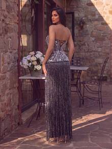 Romantic Halter Sequin Dress, Women's Sleeveless Glamorous Long Gown With Ruched Bust, Fitted Waist, And Fringe Detail - Black - View 2