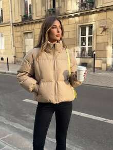 ZAHM Women Fall Winter Casual Regular‑Length Bubble Coat Stand Collar Zip‑Up Lightweight Polyester‑Filled Outerwear - Khaki - View 5