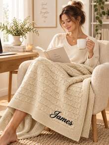 1pc Custom Embroidered Knit Throw Blanket, Personalized Name & Custom Text Design, Solid Color Semi-Circular Floral Knit Pattern, 4 Color Options, Ideal Holiday Gift For Family Members, Bedroom & Sofa Home Decor - Multicolor - View 6