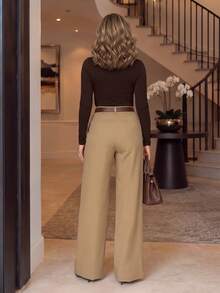 Women's Autumn Dark Brown Mock Neck Slim Fit Base Layer + Khaki High Waist Trousers 2-Piece Set, Elegant & Professional Daily Commute Outfit - Khaki - View 3
