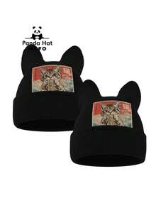 MLFO Unisex 2-In-1 Cat Ear Knit Beanie, Vintage Japanese Ramen Cat Pattern Printed Hat, Fashion Accessory, Suitable For Halloween, Christmas, Daily Outdoor Gatherings - Kitten Eating Noodles - View 11
