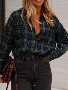 Women's Plaid Dropped Shoulder Long Sleeve Button-Down Shirt Long Top, Textured Knit Fabric, Autumn And Preppy Style Outfit Choice - Multicolor - View 5