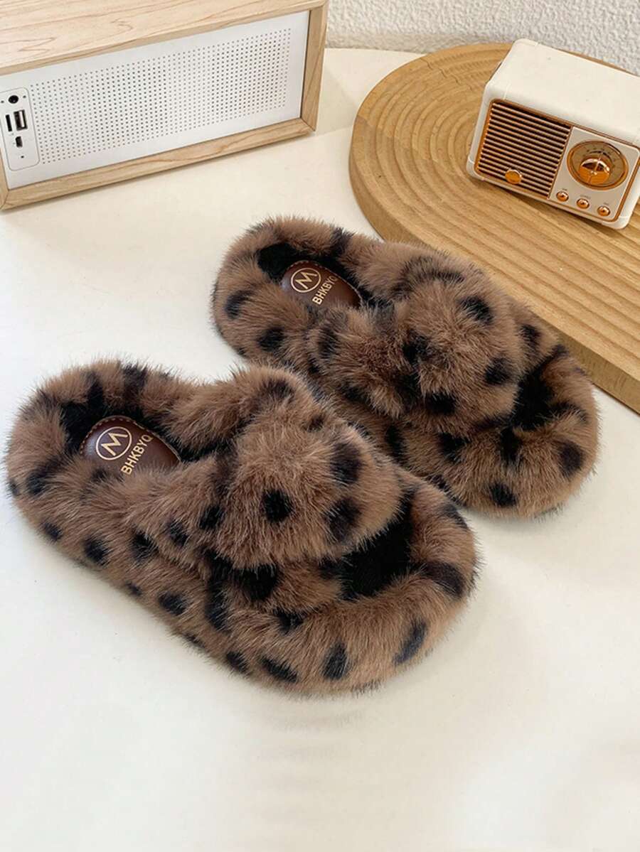 2026 Winter New Girls' Leopard Print Fuzzy Shoes, Children's Outdoor & Indoor Non-Slip Slippers - Camel - View 1