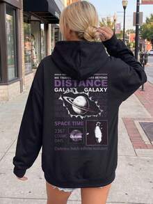 Women's Autumn/Winter Fashion Loose Letter & Planet Print Sweatshirt Sweatshirt, Long Sleeve With Pockets, Streetwear Style Top - Black - View 3