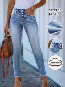 Elastic Button Up Women's Skinny Casual Denim Pants Spring Fall - Light Wash - View 2