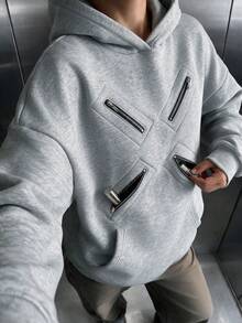 Women's Casual Fleece Lined Multi Zipper Storage Pockets Oversized Hoodies For Daily Wear,Winter Fall Clothes,Fall Winter Outfit,Going Out - Flower Gray - View 2