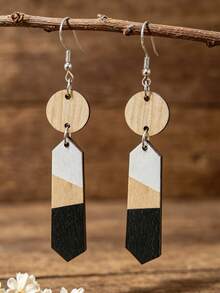 1 Pasang Anting Kayu Geometris Warna Kontras, Anting Minimalis Vintage Bentuk Cakram Bulat & Belah Ketupat - MultiWarna - View 7