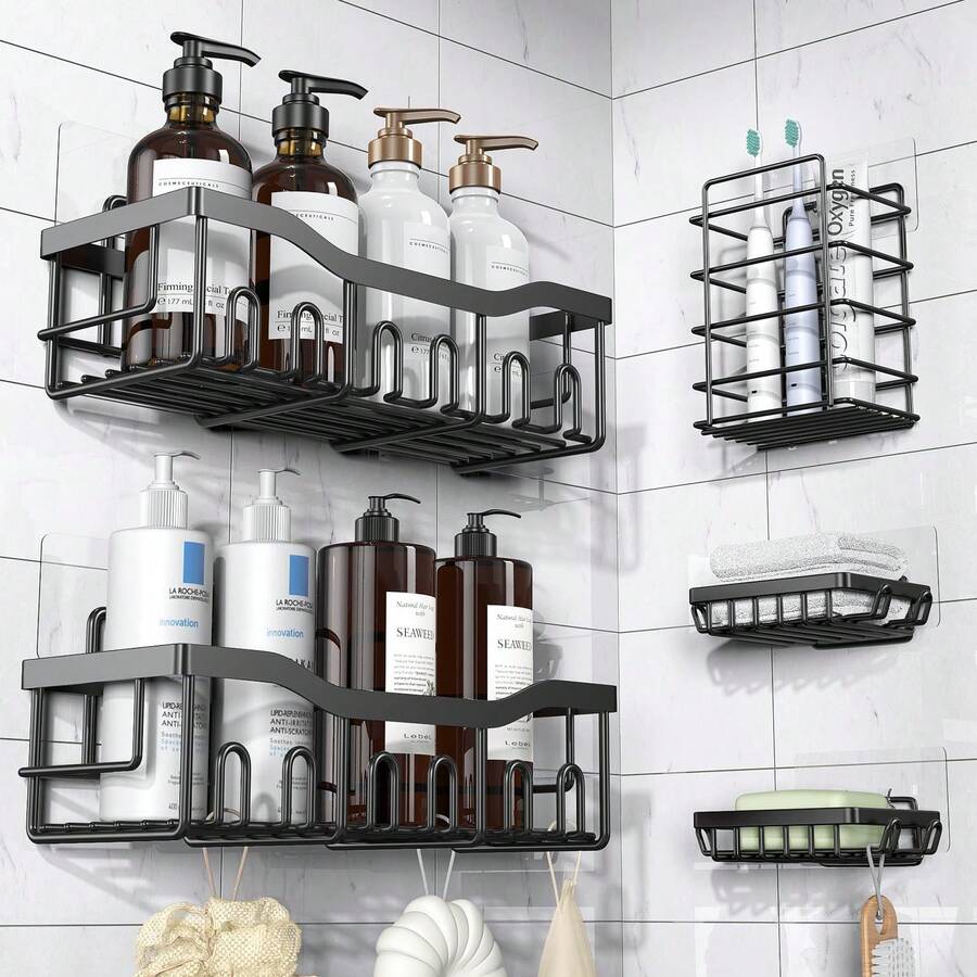 Adhesive Shower Caddy, 5pcs Rust-Proof Stainless Steel Bathroom Storage Rack, Large Capacity, No Drilling Required, Suitable For Bathroom Storage And Home Decor - Gold - View 1