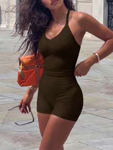 Women 2pcs Solid Color Ruched Halter Neck Cropped Tank Top + High Waist Butt Lifting Shorts Fitness Yoga Set - Brown - View 5