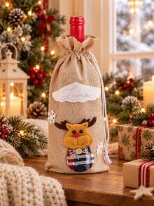 Personalized Christmas Wine Bottle Bag With Custom Text Print, Drawstring Bottle Cover With Festive Decorative Detail, Holiday Dinner Table Accessory, Christmas Gift Packaging For Hosts, Bottle Not Included - Multicolor - View 4