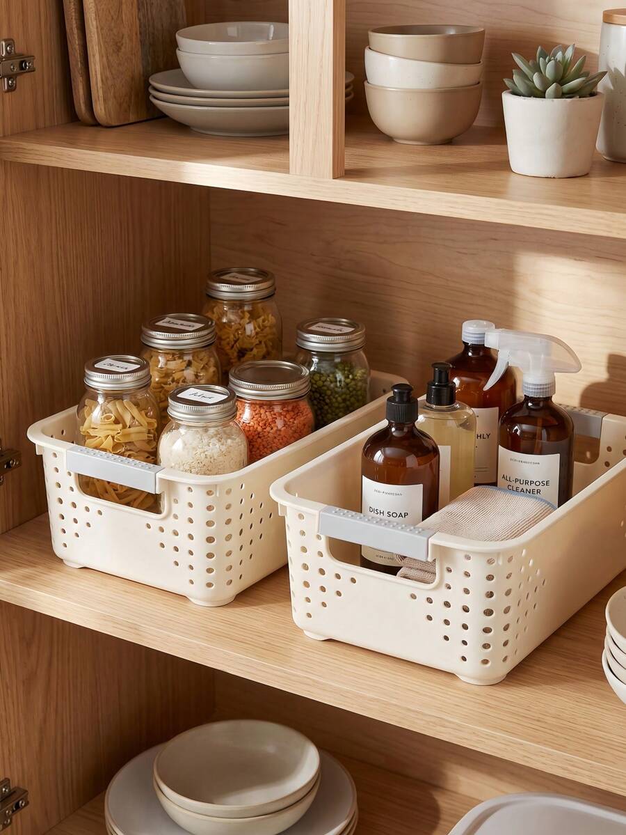 4pcs White Plastic Baskets, Home Storage And Organization Baskets With Handles, Space-Saving Woven Storage Bins Plastic Storage Baskets, For Organizing Cabinets, Closets, Shelves, Countertops 1/3/4pcs