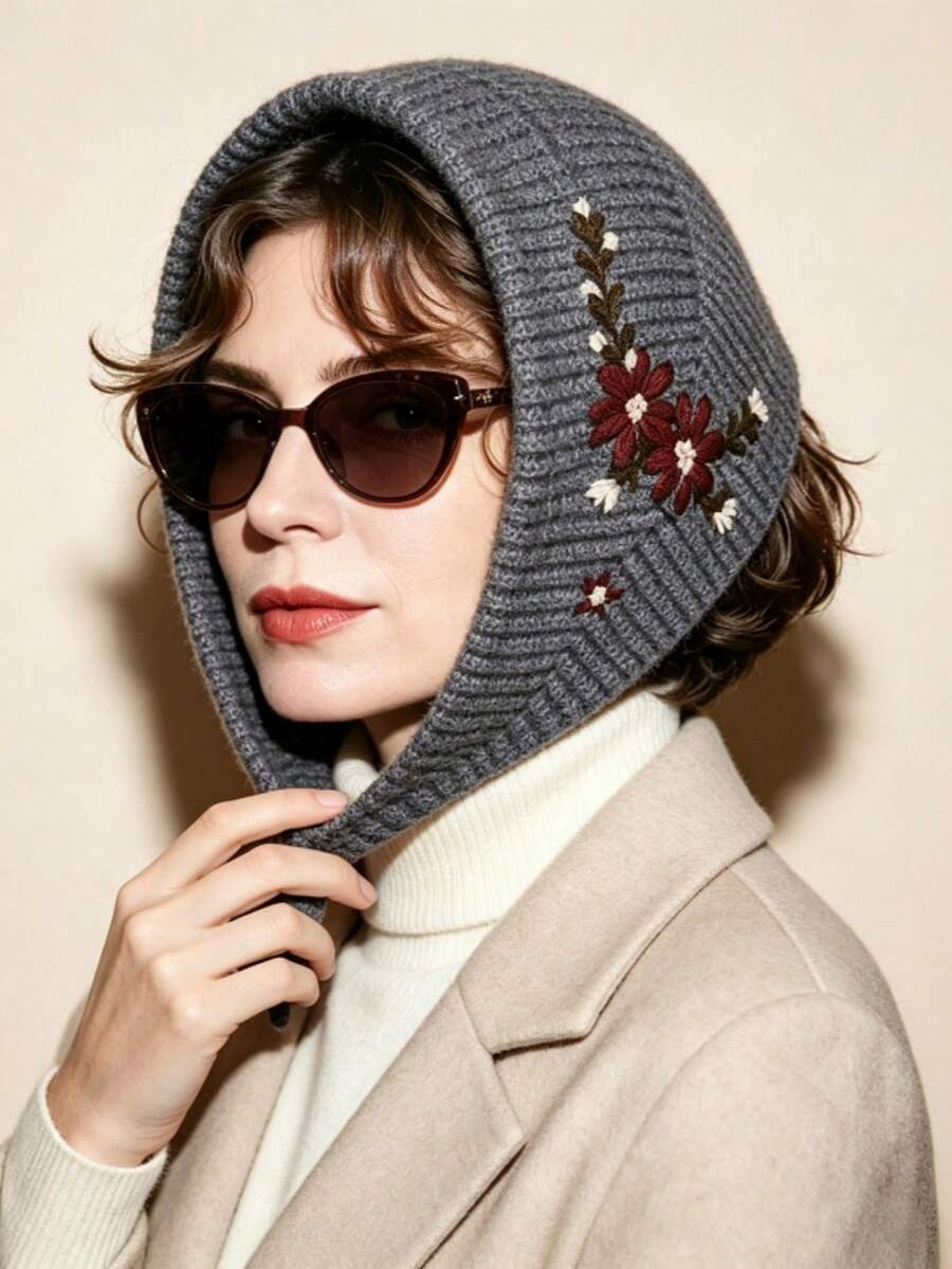 Autumn Hot-Selling New Women's Knitted Vintage Knit Hat, Warm Woolen Embroidered Simple Floral Headscarf Hairband - Multicolor - View 1