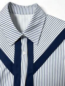 Women Striped Lapel Long Sleeve Shirt, Casual Office Blouse - Blue - View 3