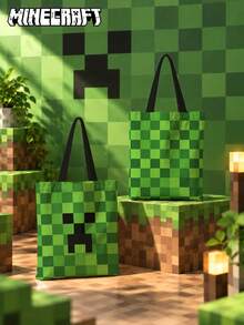 Mattel Minecraft Creeper Tote Bag, Green Pixel Block Canvas Shoulder Bag, Reusable Casual Handbag Gift For Minecraft Game Fans, Halloween Gift - Multicolor - View 2