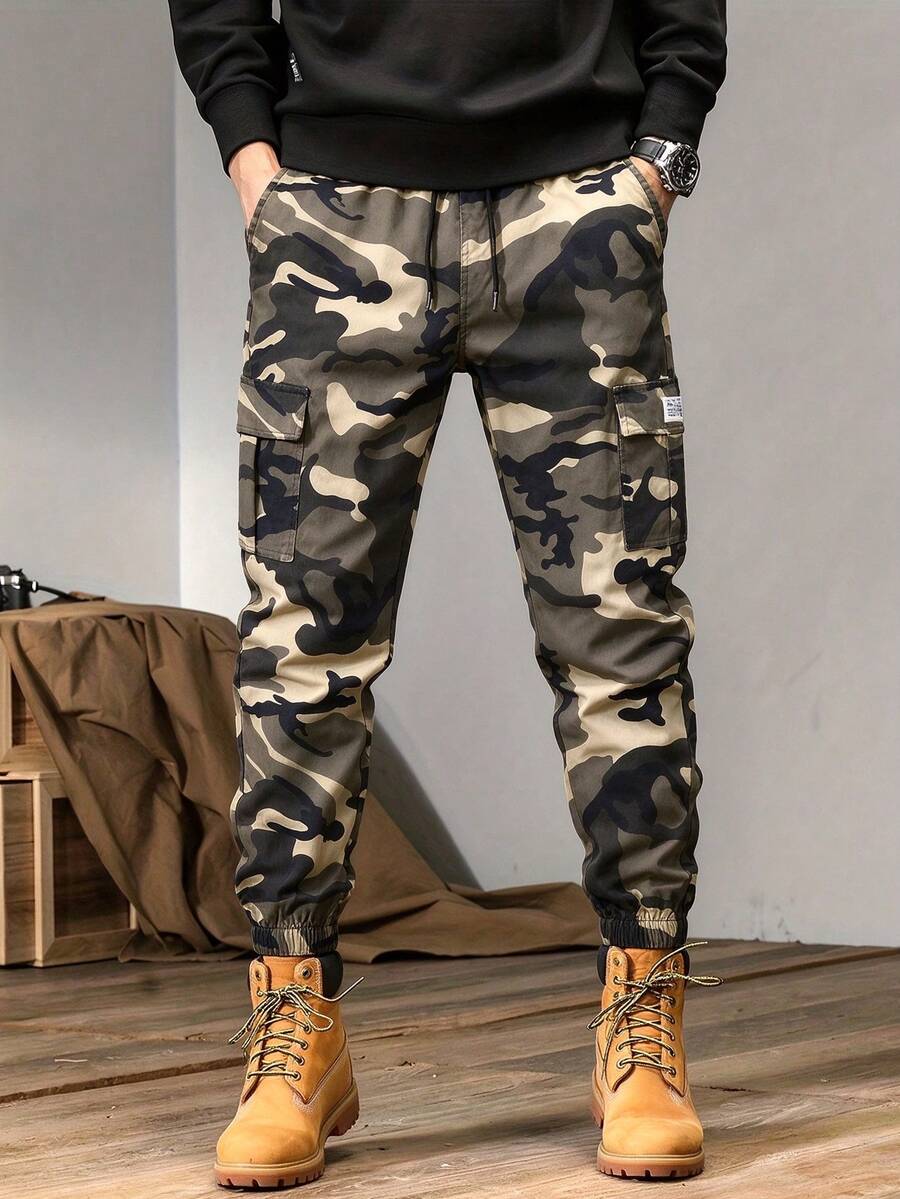 Men's Outdoor Sports Camouflage Cargo Pants With Cuffed Hem And Multiple Pockets - Khaki - View 1
