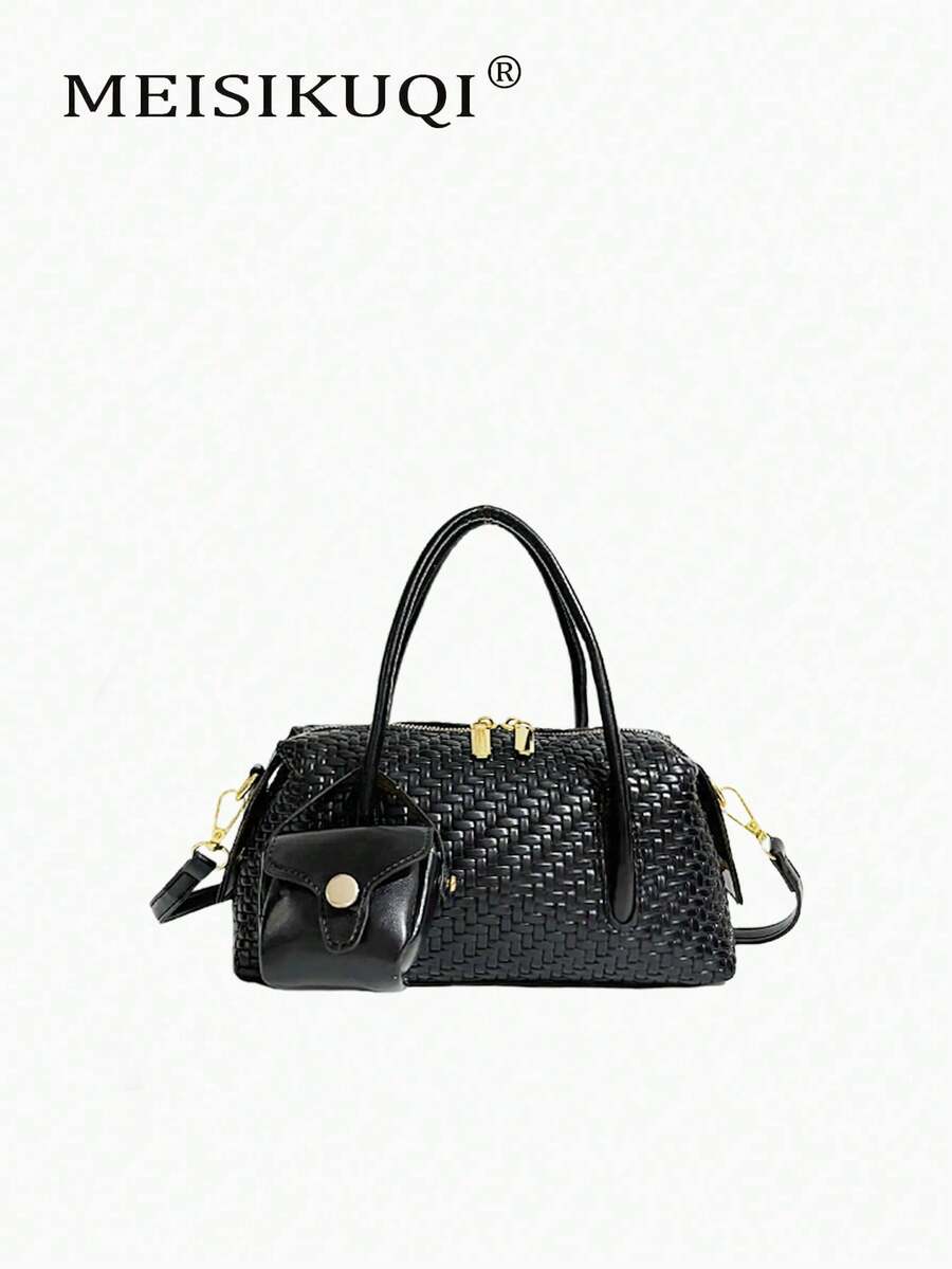 Retro Woven-Texture Tote Pillow Bag With Exquisite Gold Buckle ...