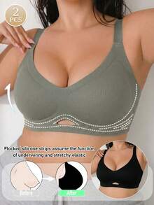 2pcs Plus Size Seamless Wireless High Support Bra, Wide Adjustable Straps, Padded Full Coverage Non-Wired, Suitable For Voluptuous Body Daily Comfortable Lingerie - Multicolor - View 2