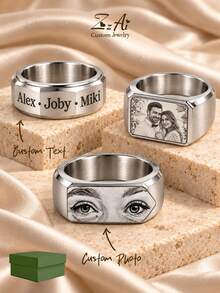 [ZzAi Custom]Personalized Custom Men's Ring, Black/Steel Color Ring, Personalized Custom Name, Image, Stainless Steel Custom Ring, Men's Ring, Father's Day Gift. - Silver - View 1