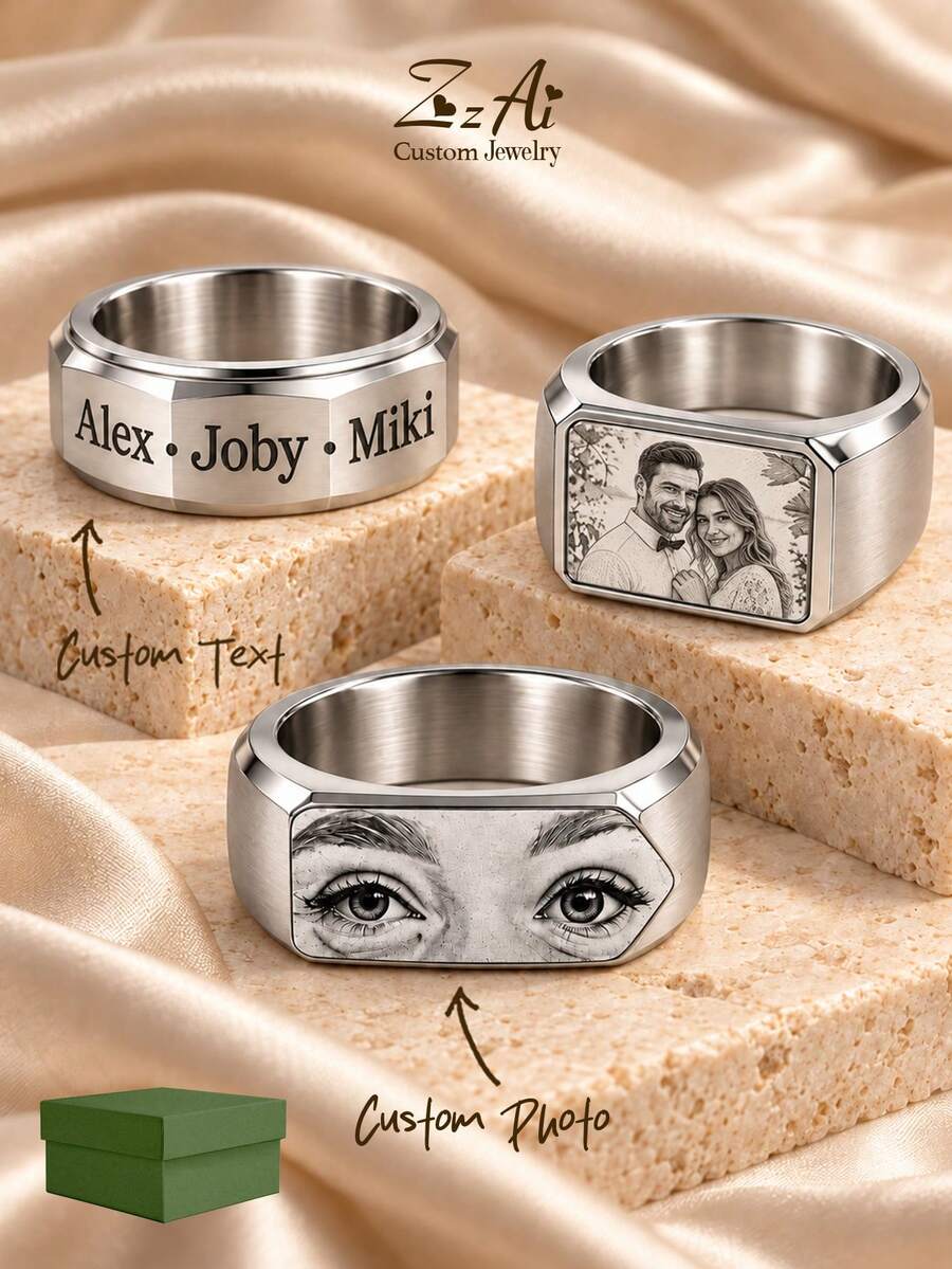 [ZzAi Custom]Personalized Custom Men's Ring, Black/Steel Color Ring, Personalized Custom Name, Image, Stainless Steel Custom Ring, Men's Ring, Father's Day Gift. - Silver - View 1