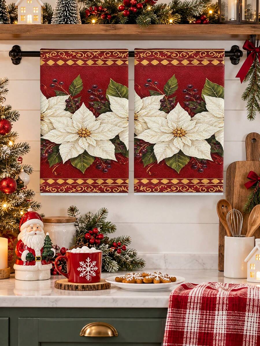 2pcs/4pcs Set Christmas Vintage White Poinsettia Towels, Classic Red Background With Gold Edge Floral Berry Pattern Hand Towels, Bathroom Kitchen Home Decor, Holiday Gift - Multicolor - View 1