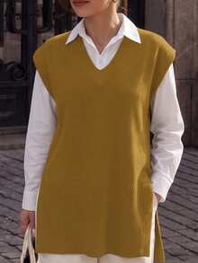 Plus Size Women Plus Size Pullover Sweater, Casual Comfortable V-Neck Sleeveless Knit Top - Ginger - View 5