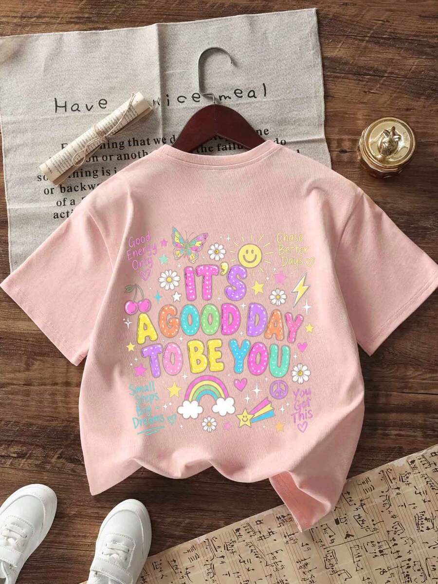 Tween Girl Casual Funny Print Crew Neck Short Sleeve T-Shirt Top, Summer - Pink - View 1
