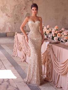 Elegant Women's Luxury Mermaid Evening Gown, Embellished With Sequins And Pearls, Cold Shoulder Long Backless Design, Suitable For Grand Balls - Champagne - View 5