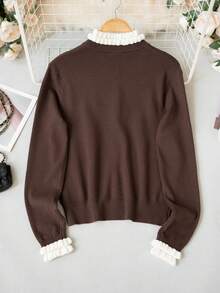 Autumn/Winter Korean Style Sweet Cute Contrast Color Frill Trim Round Neck Long Sleeve Single-Breasted Knit Cardigan Women Loose Slimming Versatile Sweater Top - Coffee Brown - View 7
