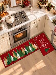 1/2pcs Christmas Kitchen Decor Rug, Christmas Tree Pattern Winter Kitchen Mat And Pad, Non-Slip Washable Absorbent Kitchen Accessory Decorative Mat, Christmas Holiday Gift! - Multicolor - View 3