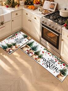 1/2pcs Christmas Kitchen Decor Rug, Santa Claus Pattern Winter Kitchen Carpet And Mat, Non-Slip Washable Absorbent Kitchen Accessories Decorative Mat, Christmas Holiday Gift! - Multicolor - View 3